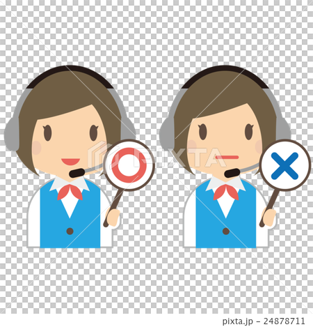 Female operator in blue uniform who heads up raises ○ × tag 24878711