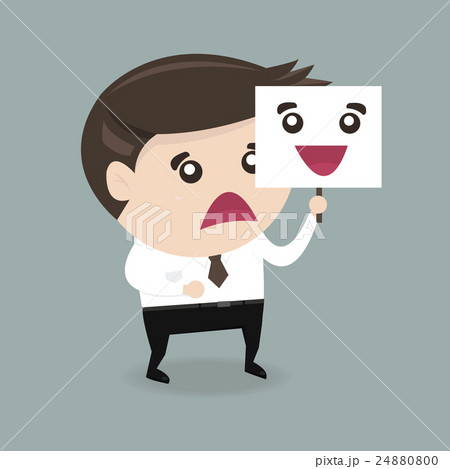 Businessman hide his tired face by holding smile 24880800