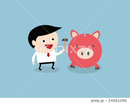 Businessman breaks piggy bank with a hammer. Businessman breaks piggy bank with a hammer. 24881090