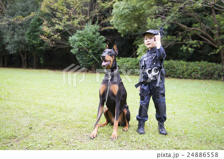 警察の衣装を着た女の子とドーベルマンの写真素材