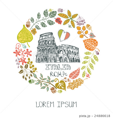 Italy Rome landmark set.Autumn leaves wreath 24886618