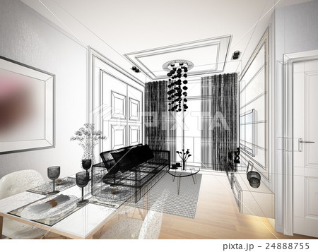 sketch design of living ,3dwire frame render sketch design of living ,3dwire frame render 24888755