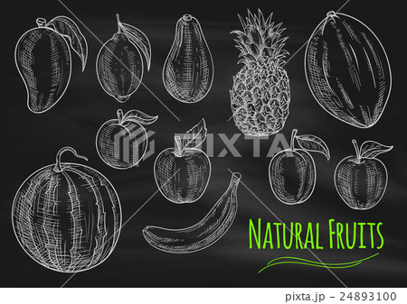Natural fresh fruits chalk sketch on chalkboard Natural fresh fruits chalk sketch on chalkboard 24893100