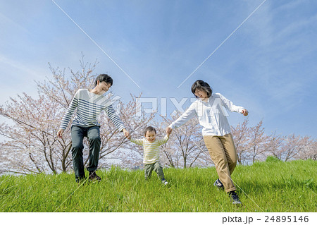 桜の咲く公園で遊ぶ3人家族 24895146