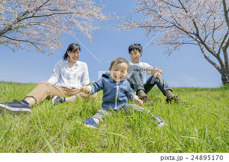 桜の咲く公園で遊ぶ3人家族 24895170