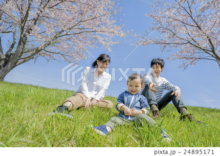 桜の咲く公園で遊ぶ3人家族 24895171