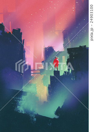 red man standing on abandoned city,illustration 24903100