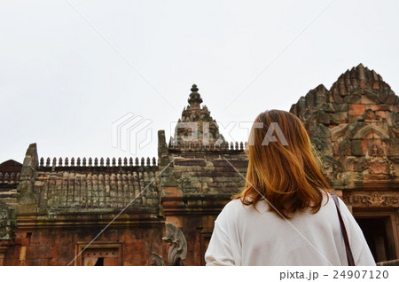 traveler on Phanom Rung stone castle in Thailand 24907120