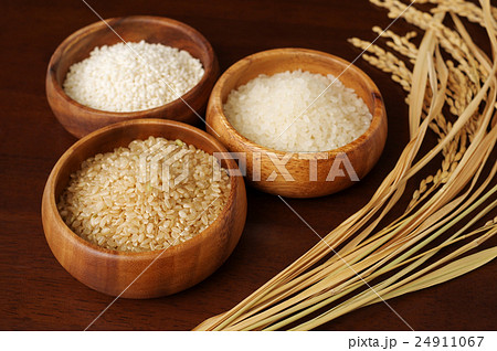 秋の実り三種米　木の器に盛られた玄米と白米ともち米と稲穂 24911067