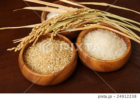 秋の実り三種米と稲穂　木の器に盛られた玄米と白米ともち米 24912238
