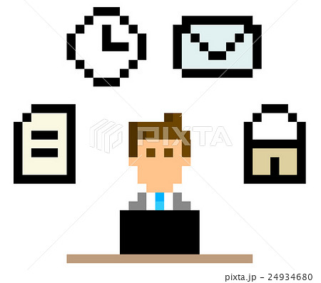 ピクセルイラスト パソコンを使うビジネスマンのイラスト素材