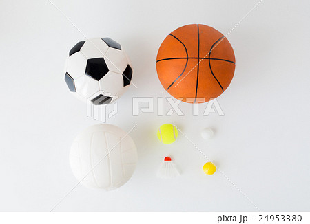 close up of different sports balls and shuttlecock 24953380