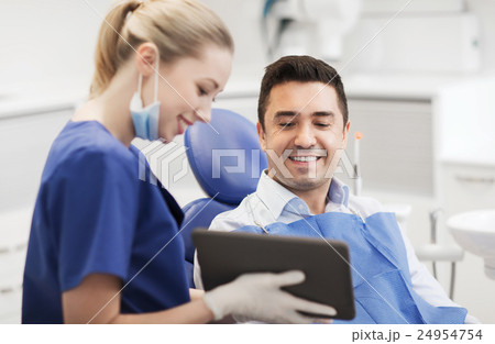 female dentist with tablet pc and male patient 24954754