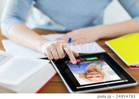 close up of woman with incoming call on tablet pc 24954793