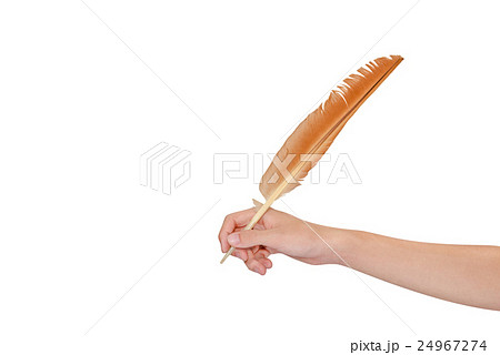 Hand holding white feather pen over on white Hand holding white feather pen over on white 24967274