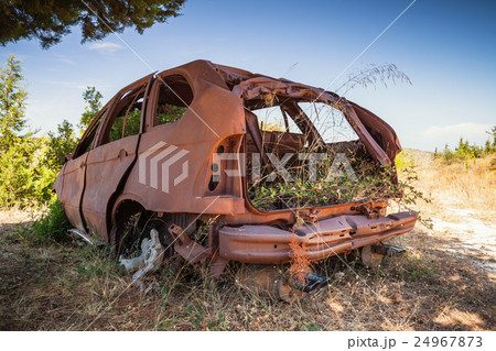 Abandoned rusted car body with growing grass Abandoned rusted car body with growing grass 24967873