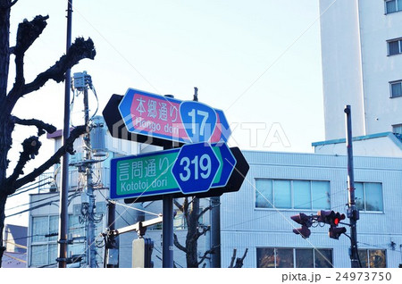 東京の道と道路標識・国道17号線が東京都道319号線と交差する本郷弥生交差点付近・横位置 24973750