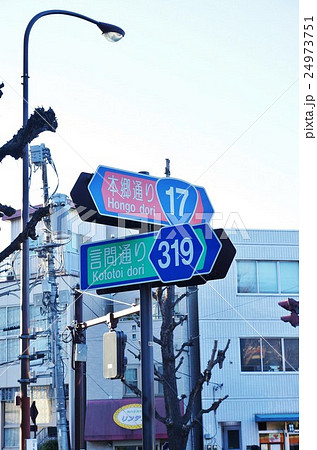 東京の道と道路標識・国道17号線が東京都道319号線と交差する本郷弥生交差点付近・縦位置 24973751