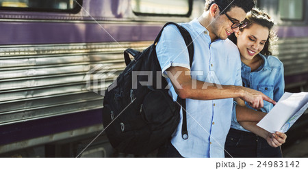 Couple Travellers Train Station Map Concept Couple Travellers Train Station Map Concept 24983142