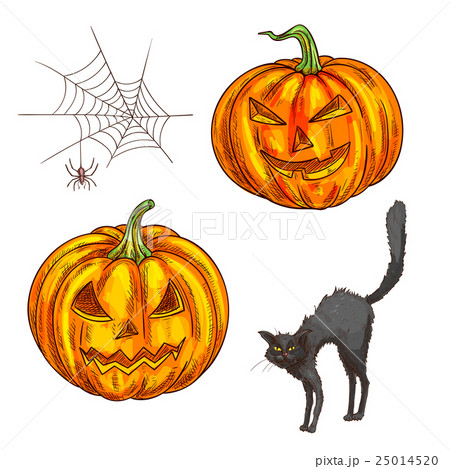 Halloween scary pumpkin lantern sketch icons 25014520