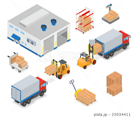 Loading or unloading a truck in the warehouse. 25034411