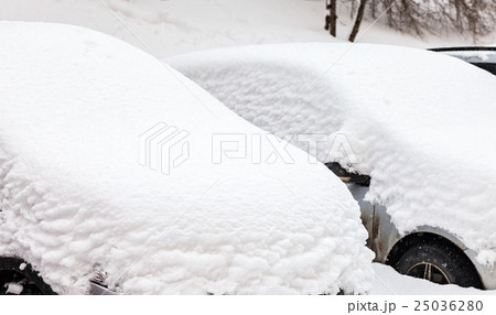 Vehicles covered with snow in the winter blizzard  25036280