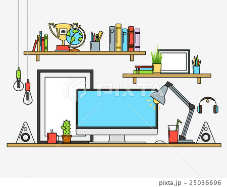 Line flat design mock up of modern workspace 25036696