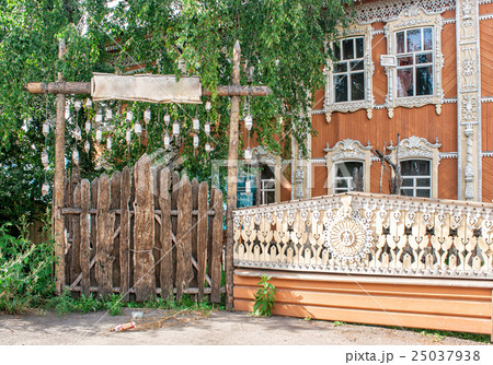 wooden house with patterned windows wooden house with patterned windows 25037938