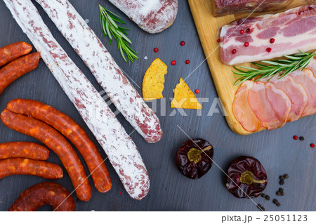Picnic table with spanish sausage tapas Picnic table with spanish sausage tapas 25051123