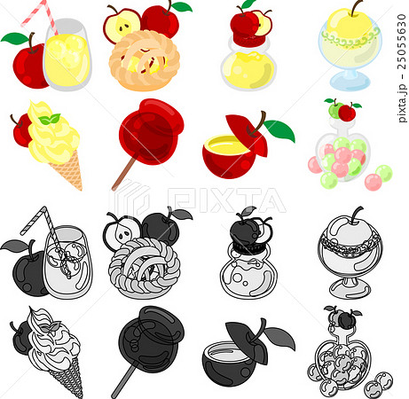 りんごのジュースとパイとジャムとコンポートとアイスクリームとりんご飴とキャンディのイラスト素材