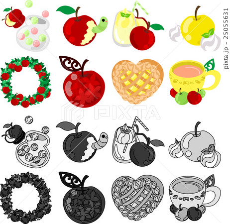 りんごのキャンディとスムージーとコンポートとリースと宝石とパイとお茶のイラスト素材
