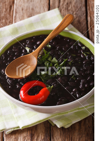 Vegetarian black bean soup close up in a bowl 25064101