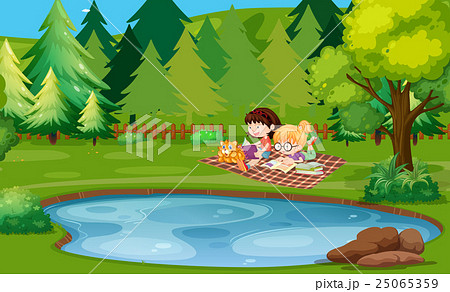 Two girls reading book by the pond 25065359