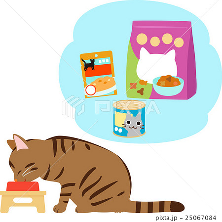 いろいろなキャットフードと食事中の猫のイラスト素材
