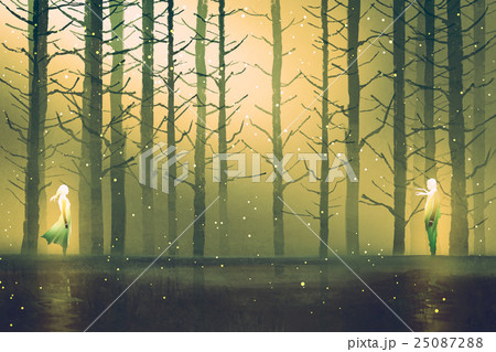 man and woman standing against night forest 25087288