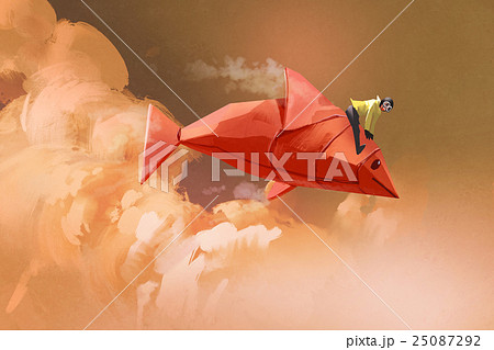 girl riding on the origami paper red fish 25087292