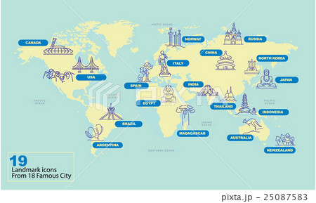 World Map with Famous Country Landmark Symbol 25087583