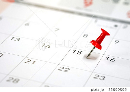 Embroidered red pins on a calendar 25090396