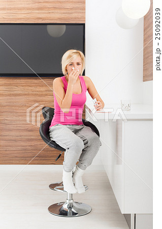 sick woman sneeze, young ill girl having flu blow 25092039