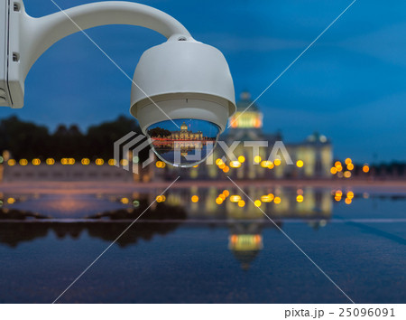 Security camera monitoring on the Ananta Samakhom throne hall reflection with blue sky at twilight time, Bangkok, Thailand. Security camera monitoring on the Ananta Samakhom throne hall reflection with blue sky at twilight time, Bangkok, Thailand. 25096091