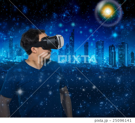Double exposure of Asian man wearing virtual reality showing the building cityscape over star with the earth and cityscape background,Elements of this image furnished by NASA, VR concept Double exposure of Asian man wearing virtual reality showing the building cityscape over star with the earth and cityscape background,Elements of this image furnished by NASA, VR concept 25096141