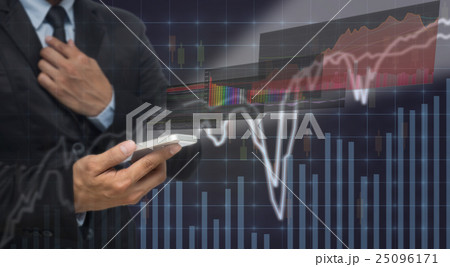 Businessman using the smart phone shown the trading graph of stock market on the virtual screen over the stock chart background, Business stock market concept Businessman using the smart phone shown the trading graph of stock market on the virtual screen over the stock chart background, Business stock market concept 25096171