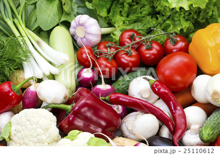 Background of fresh vegetables and greens closeup Background of fresh vegetables and greens closeup 25110612
