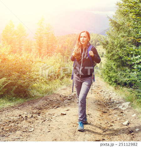 Young backpacker woman enjoying mountain trip Young backpacker woman enjoying mountain trip 25112982