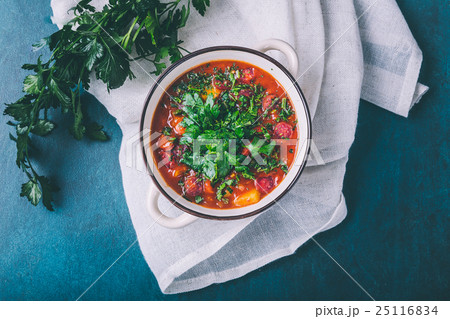 Goulash soup with potatoes and salami 25116834