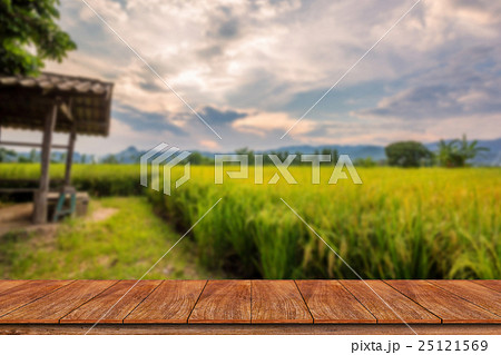 Empty wooden table and blur rice field background 25121569