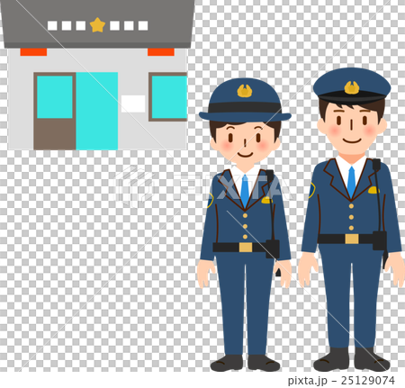 交番と警察官の男女のイラストセットのイラスト素材