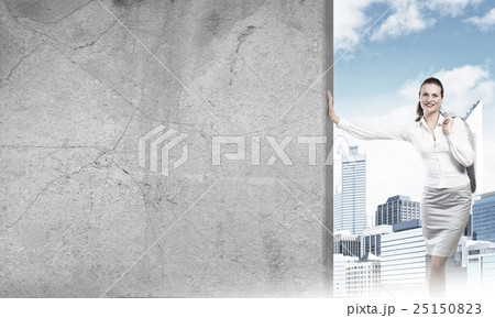 Woman and concrete empty banner 25150823