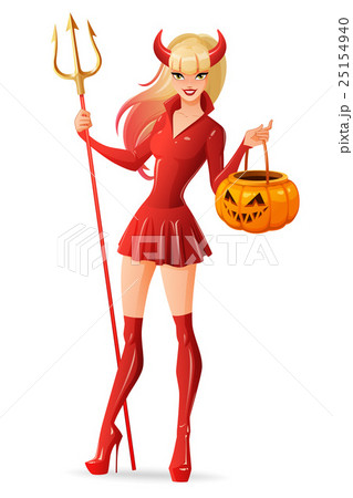 Sexy woman in Halloween devil costume with jack-o 25154940