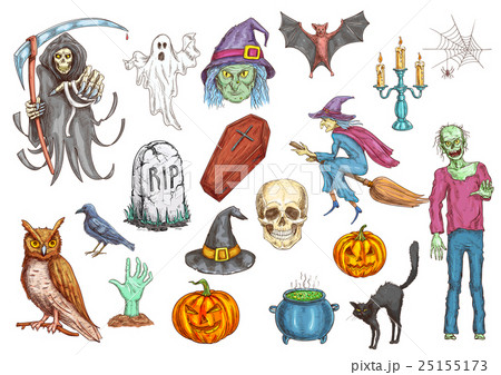 Halloween color sketch icons and elements 25155173